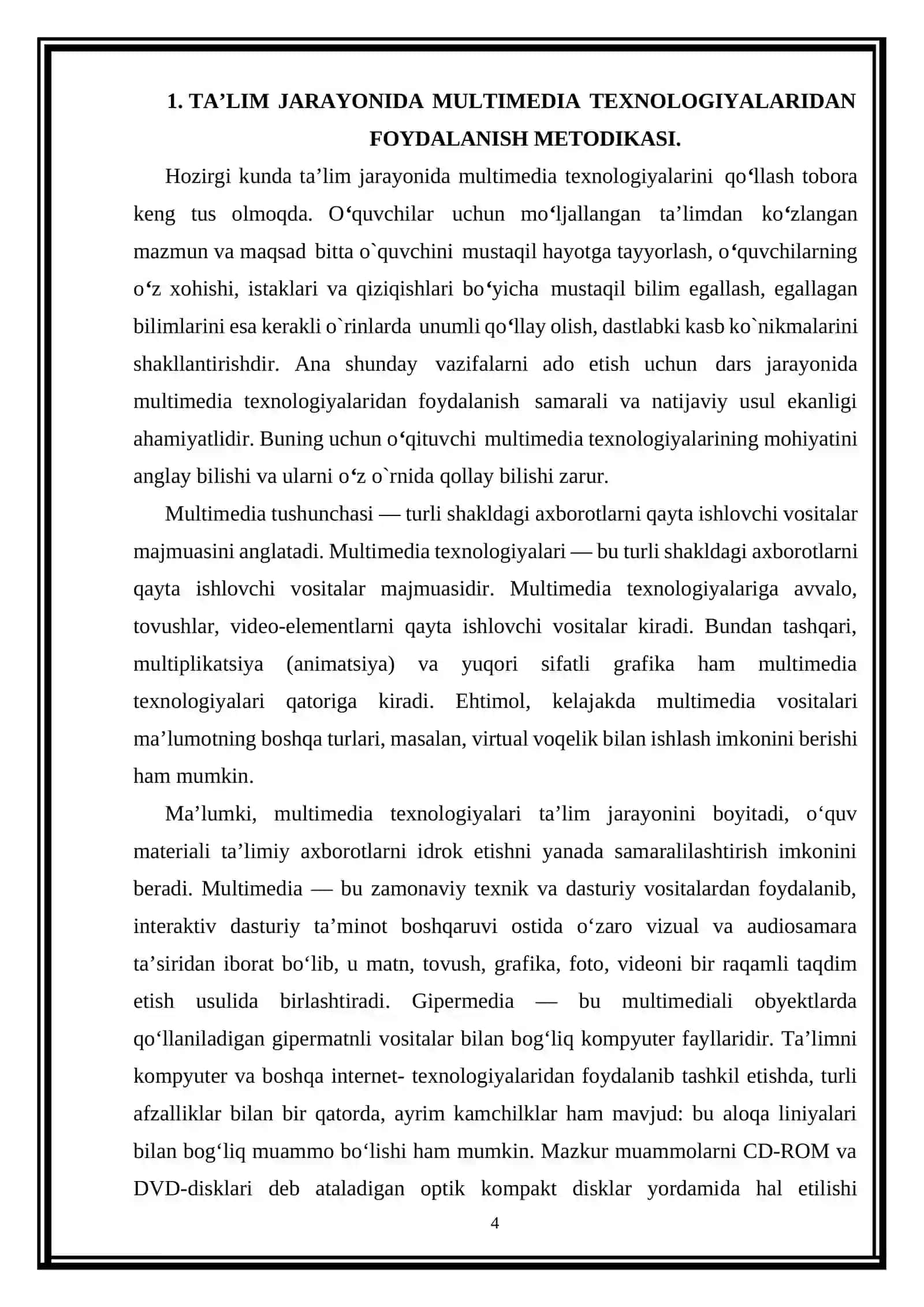 TA’LIM JARAYONIDA MULTIMEDIA TEXNOLOGIYALARIDAN FOYDALANISH METODIKASI kurs ishi 4