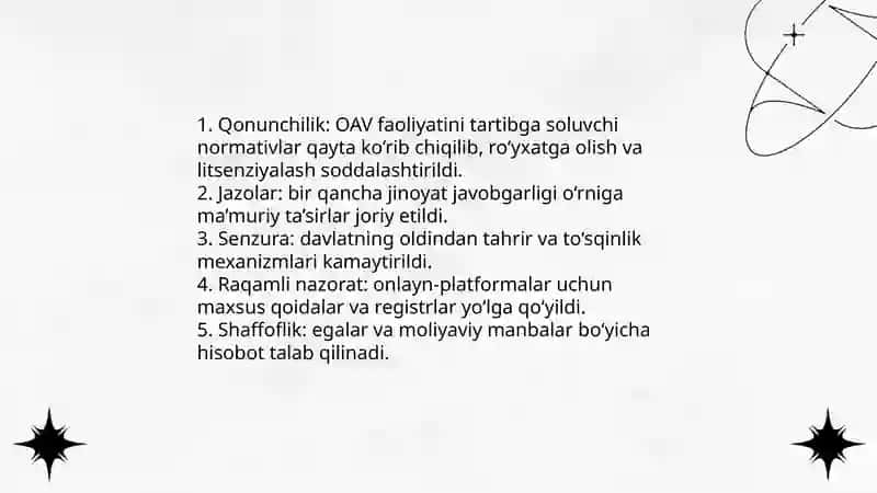 Oʻzbekiston Respublikasining ommaviy axborot vositalarining faoliyati (oʻzgarishi va muammolar) 4