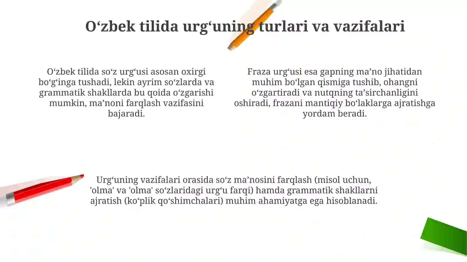 Zamonaviy oʻzbek tilida urgʻu va boʻgʻin 4