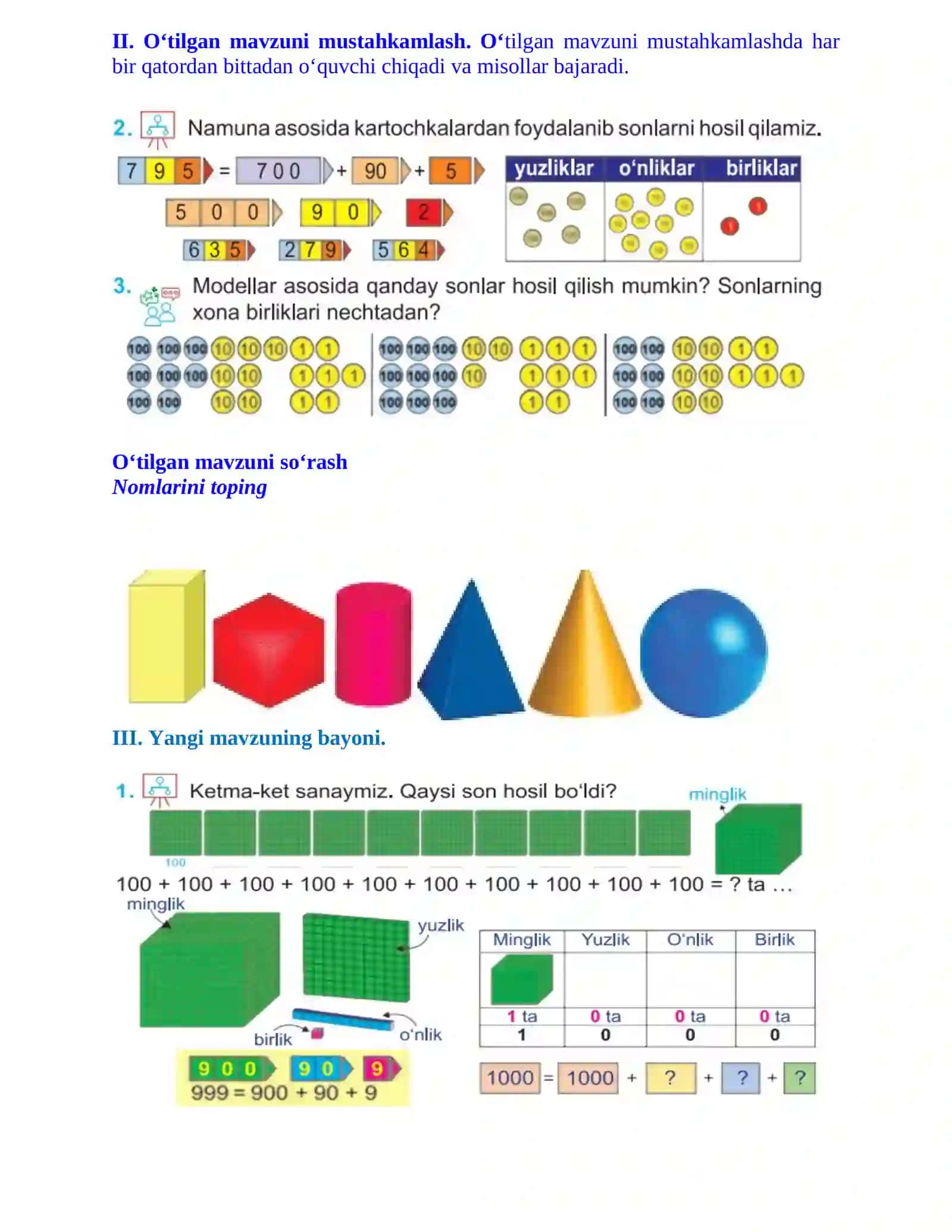 3-sinf Matematika 1000 sonining xona birliklar yig'indisi 4