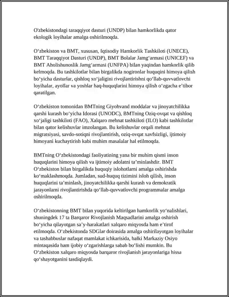 O'ZBEKISTONNING XALQARO TASHKILOTLAR BILAN HAMKORLIGI REFERAT 4