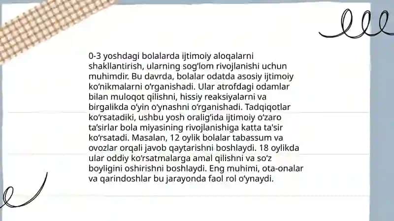 Ilk va 3yoshgacha boʻlgan bolalarning ijtimoiy-hissiy rivojlanishi va unga qoyilgan davlat talablar 4
