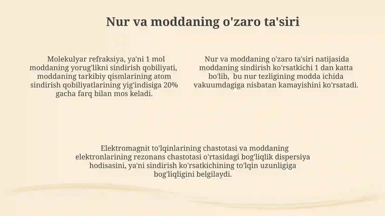 Moddalarning sindirish kòrsatkichi va molekular refraksiya. Elektromagnit tòlqinlar haqida tushuncha 4