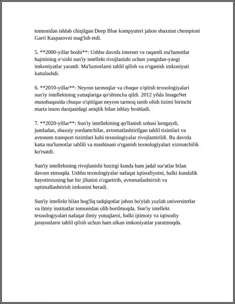 SUN‘IY INTELLEKT VA NEYRON TARMOQLARI.NEYRON TARMOQLARINING TURLARI VA ULARNING ISHLASH TAMOYILLARI.SUN‘IY NEYRON TARMOQLARI MODELI 4
