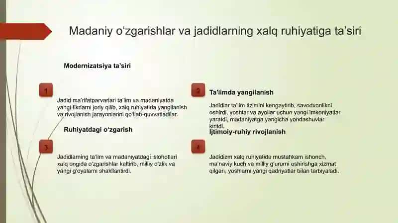 Jadid maʼrifatparvarlarning taʼlim va madaniyatdagi roli 4