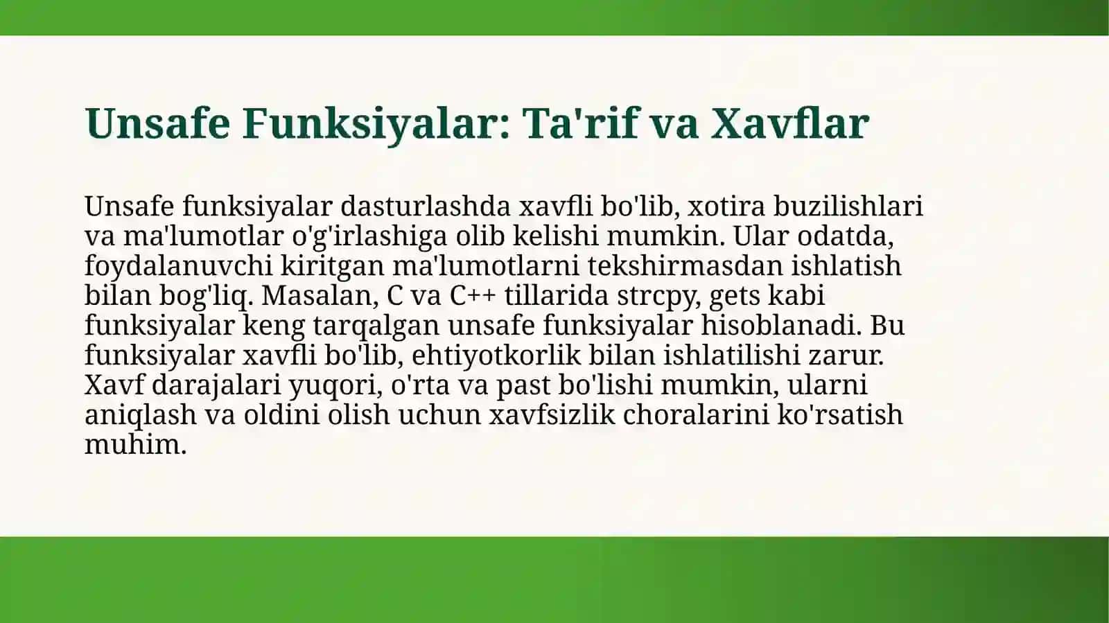 Vulnerability research (mas’uliyatli): unsafe functions, memory corruption alomatları 4