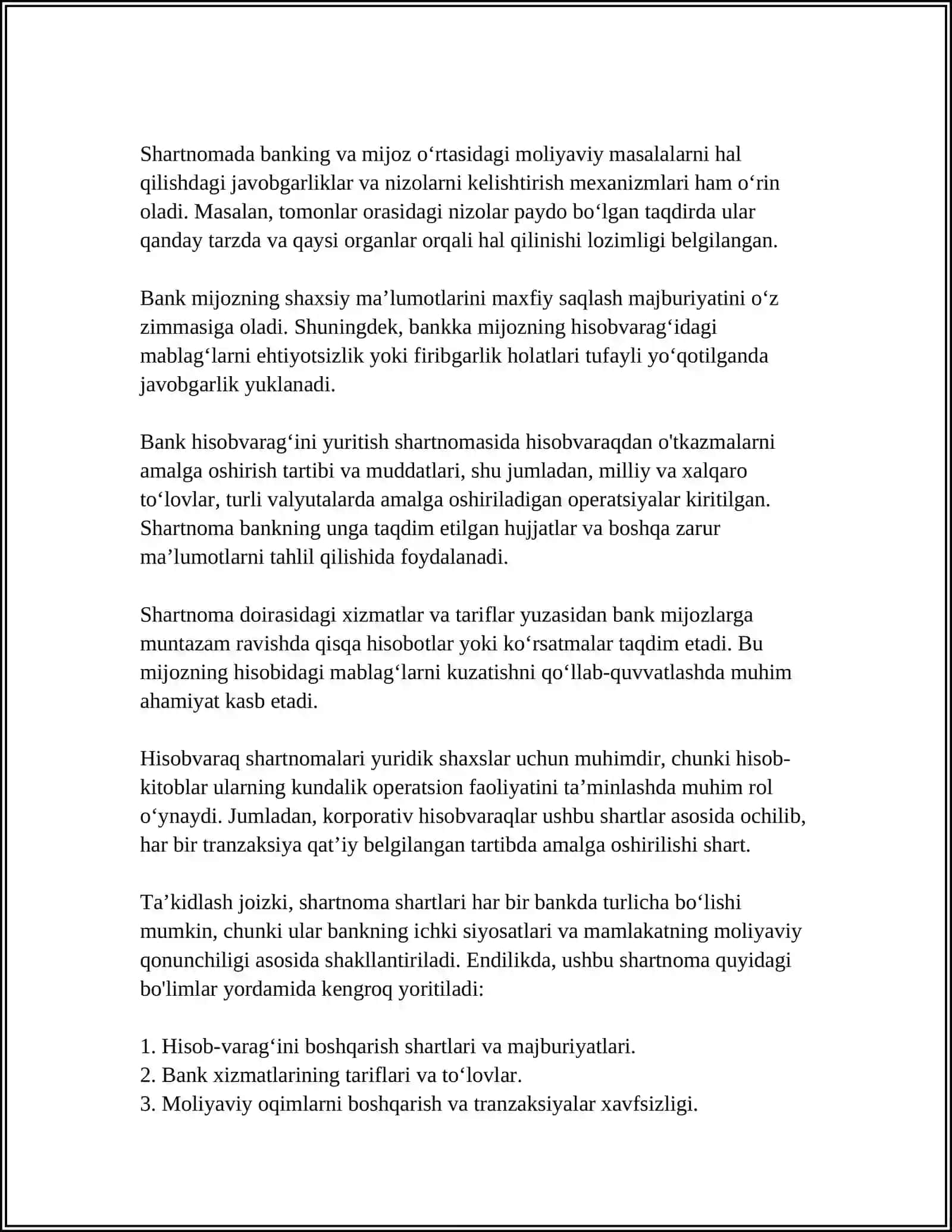 Bank hisobvarag‘ini yuritish shartnomasi 4