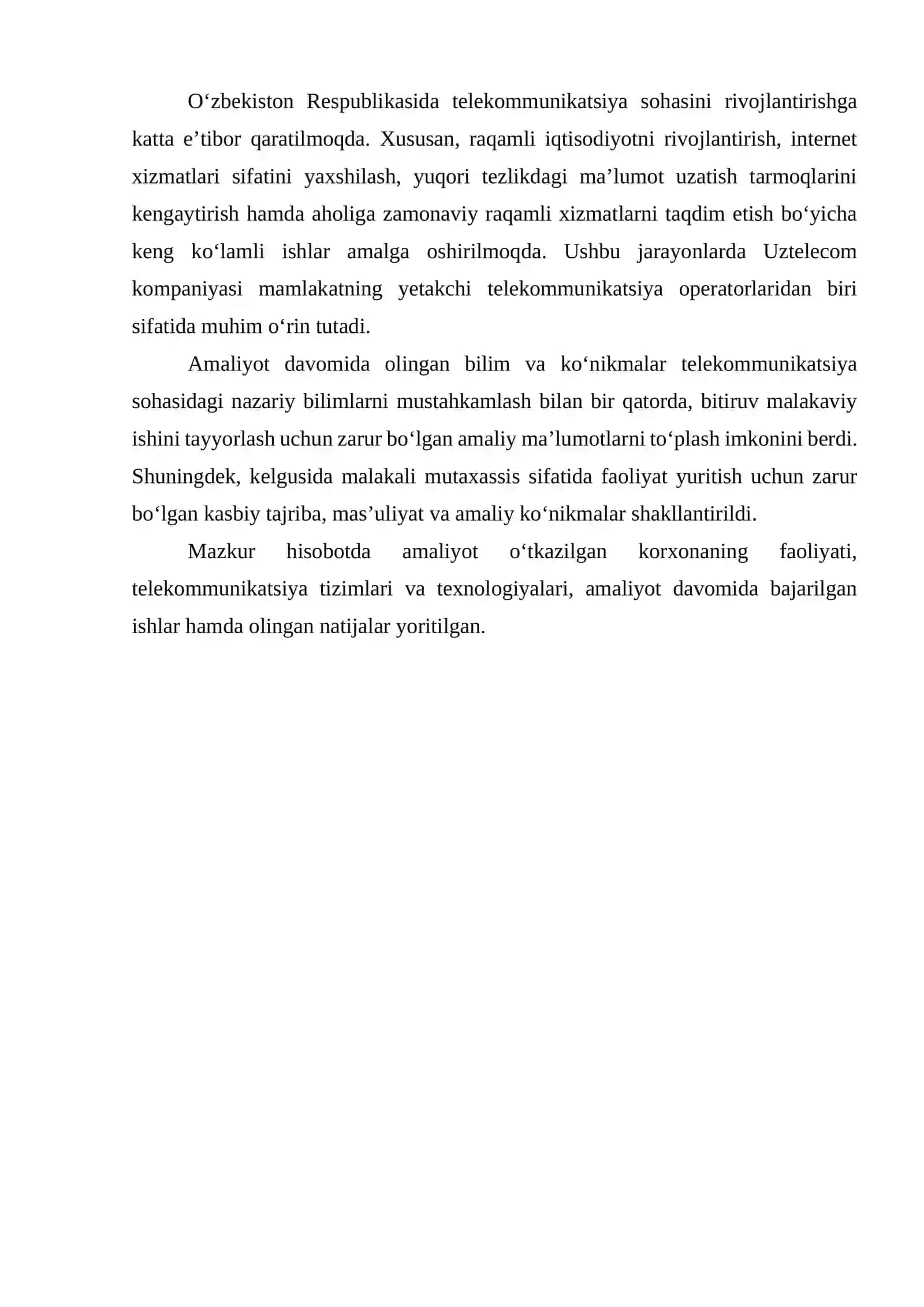 Bitiruv malakaviy ishi oldi amaliyoti bo’yicha hisoboti UZTELECOM 4