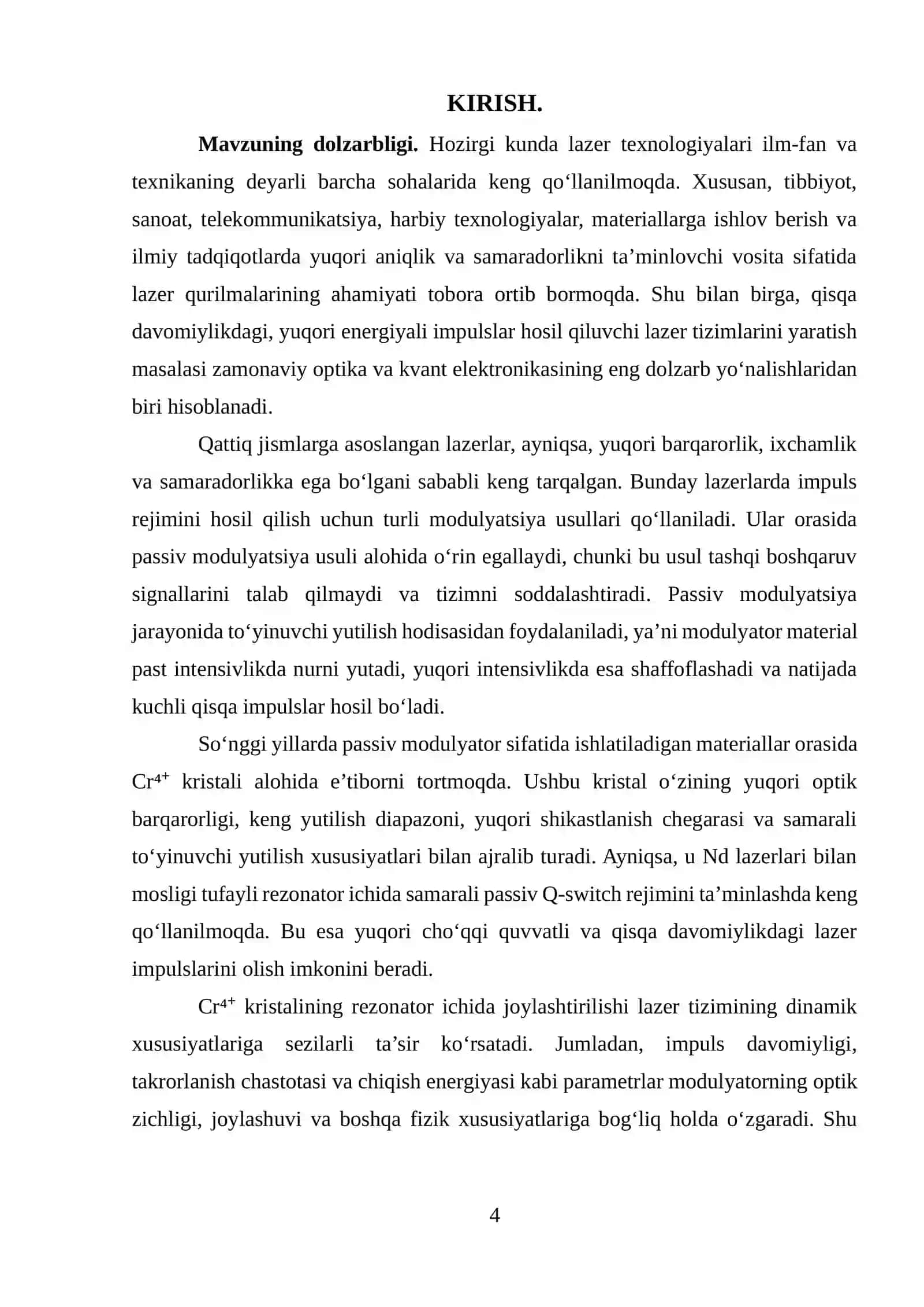 Cr4: YAG KRISTALINING PASSIV MODULYATOR SIFATIDA RESONATOR ICHIDA O’RGANISH. 4
