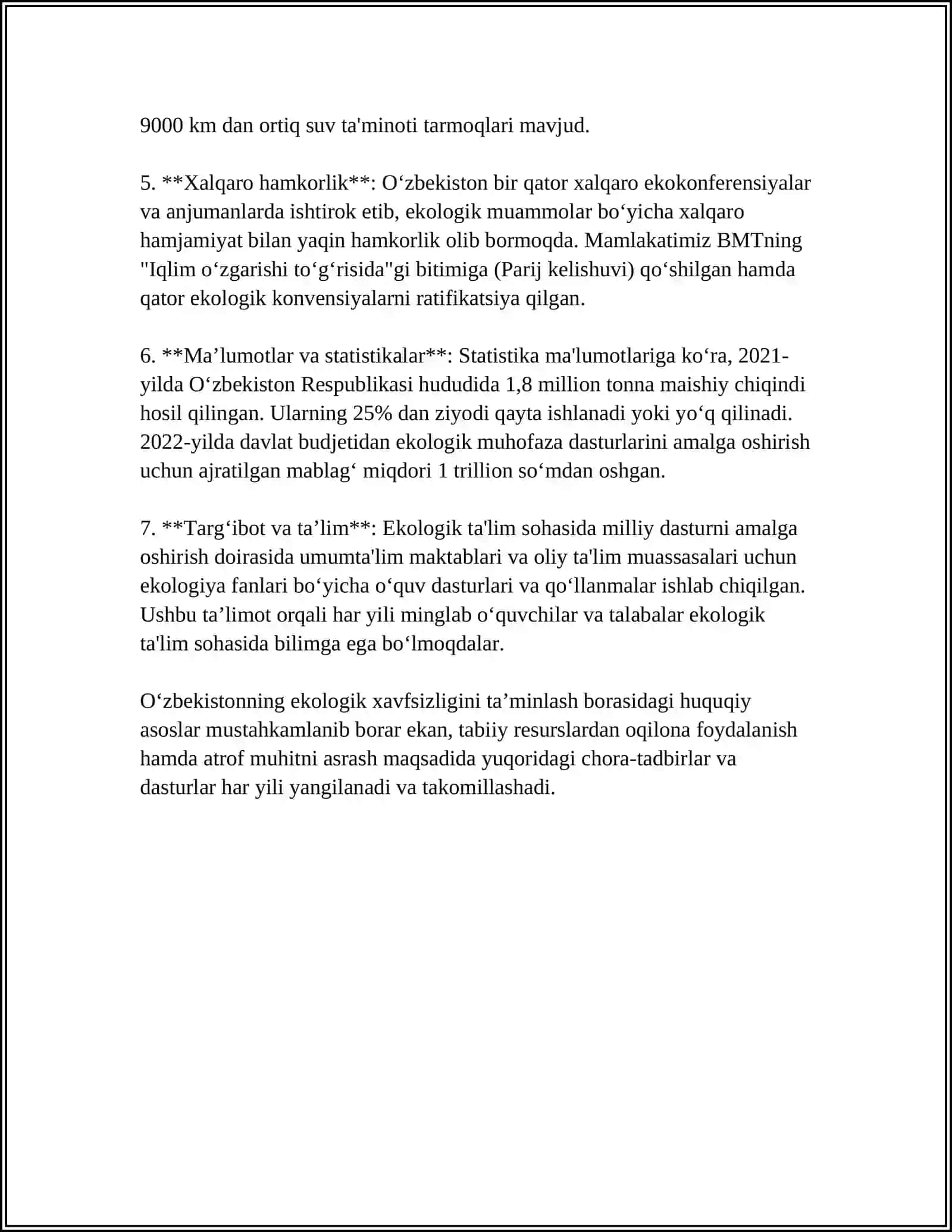 O'ZBEKISTON RESPUBLIKASIDA EKOLOGIK XAVFSIZLIKNI TAMINLASH YO'LLARI 4