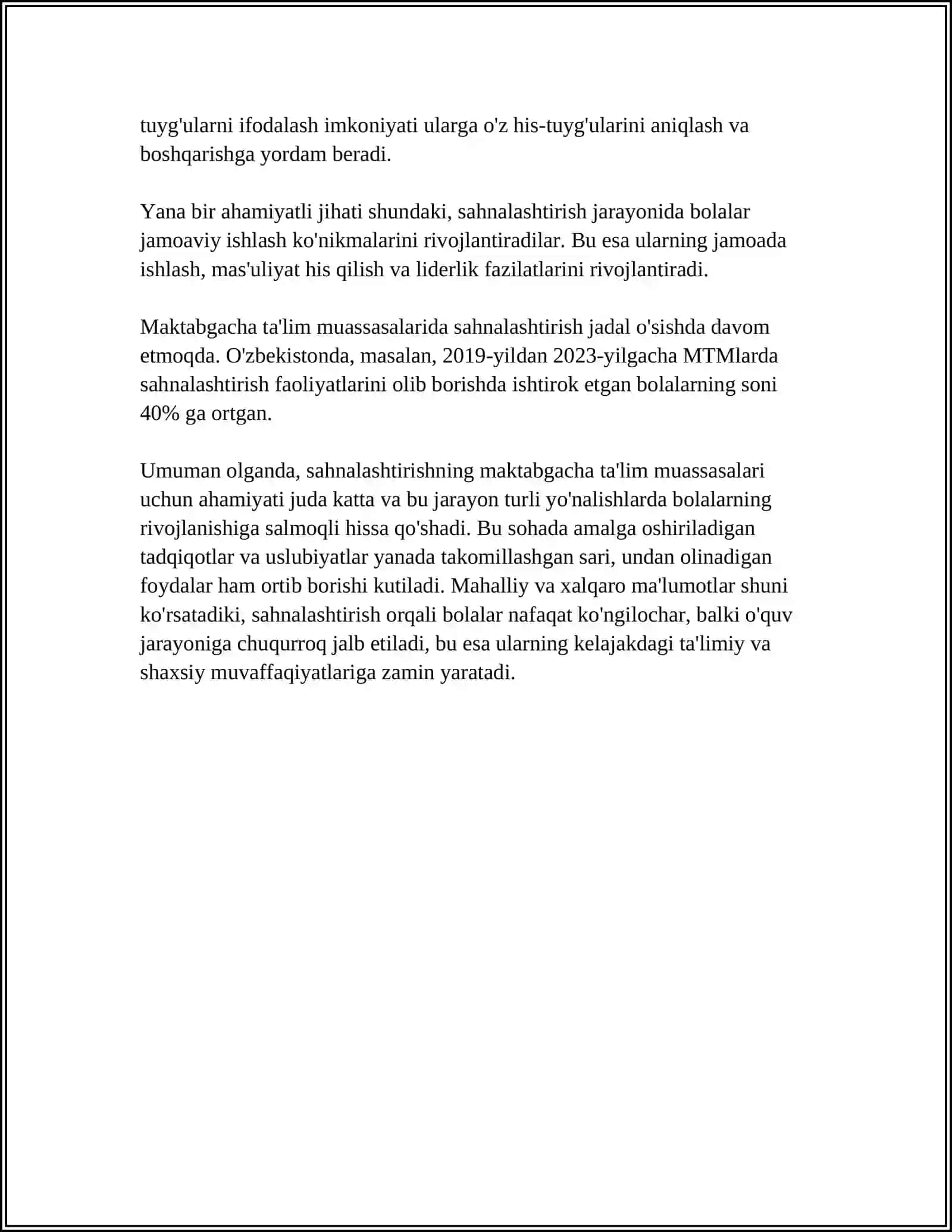 MUSTAQIL ISH Mavzu: MAKTABGACHA TA'LIM TASHKILOTIDA SAHNALASHTIRISH FAOLIYATI 4