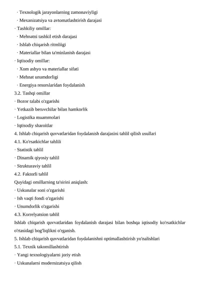Ishlab chiqarish quvvatlari tahlili 4