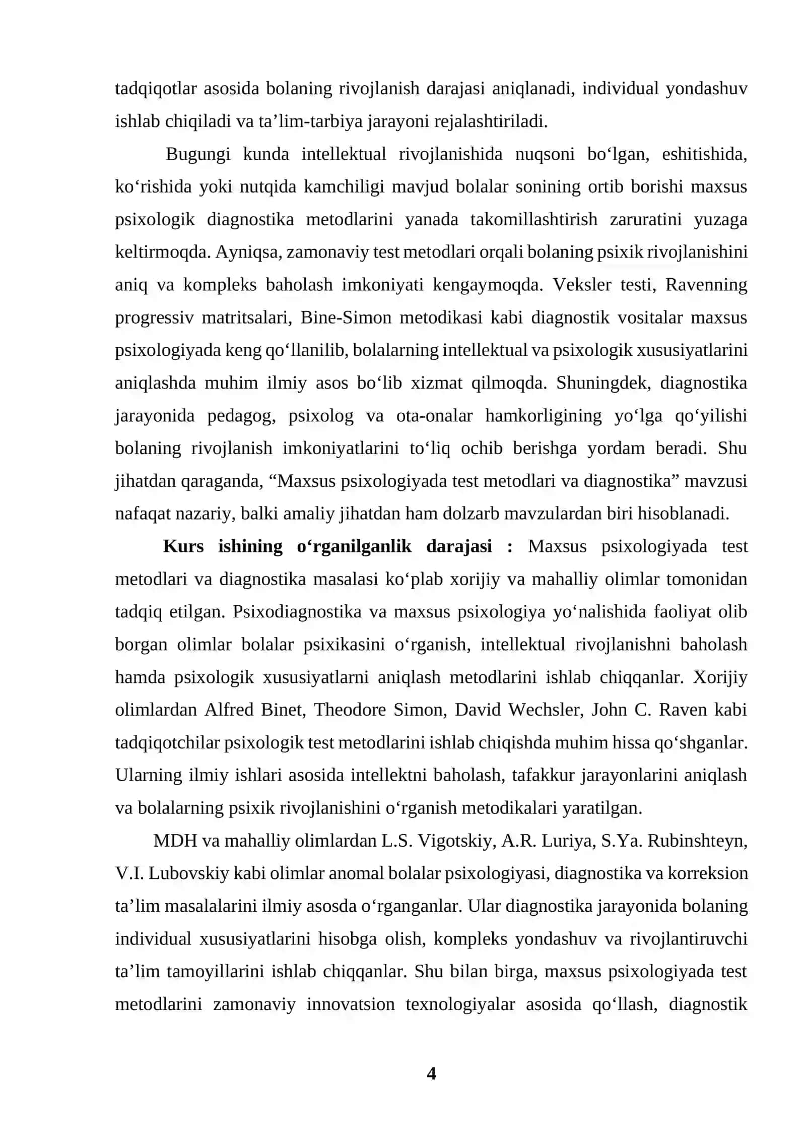 "MAXSUS PSIXOLOGIYADA TEST METODLARI VA DIAGNOSTIKA" MAVZUSIDAGI KURS ISHI 4