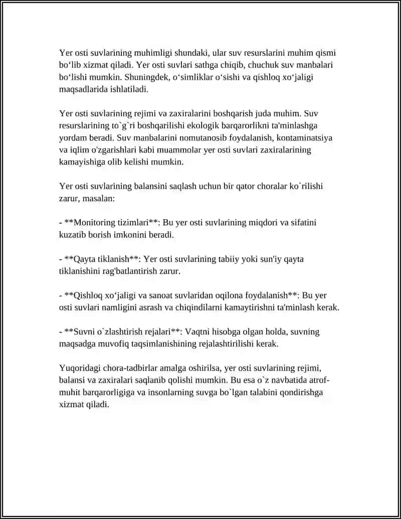 YER OSTI SUVLARINING REJIMI,BALANSI VA ZAXIRASI 4