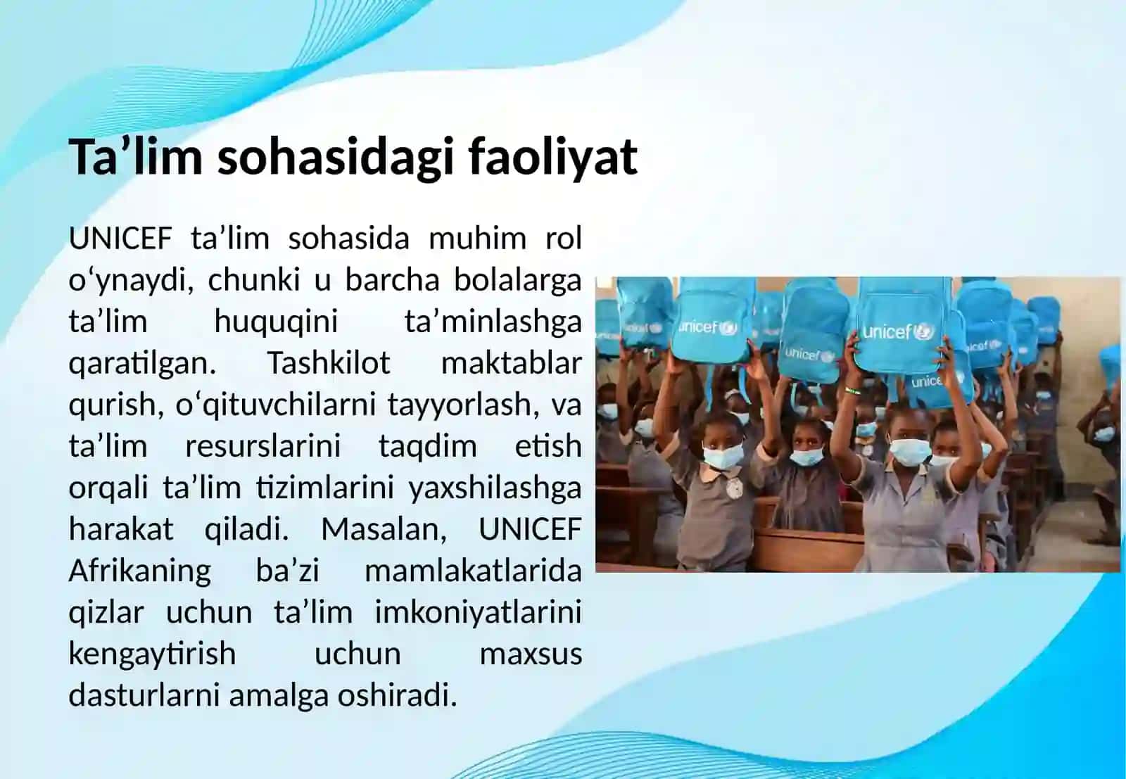 Birlashgan millatlar tashkiloti bolalar jamgʻarmasi UNICEF faoliyati 4