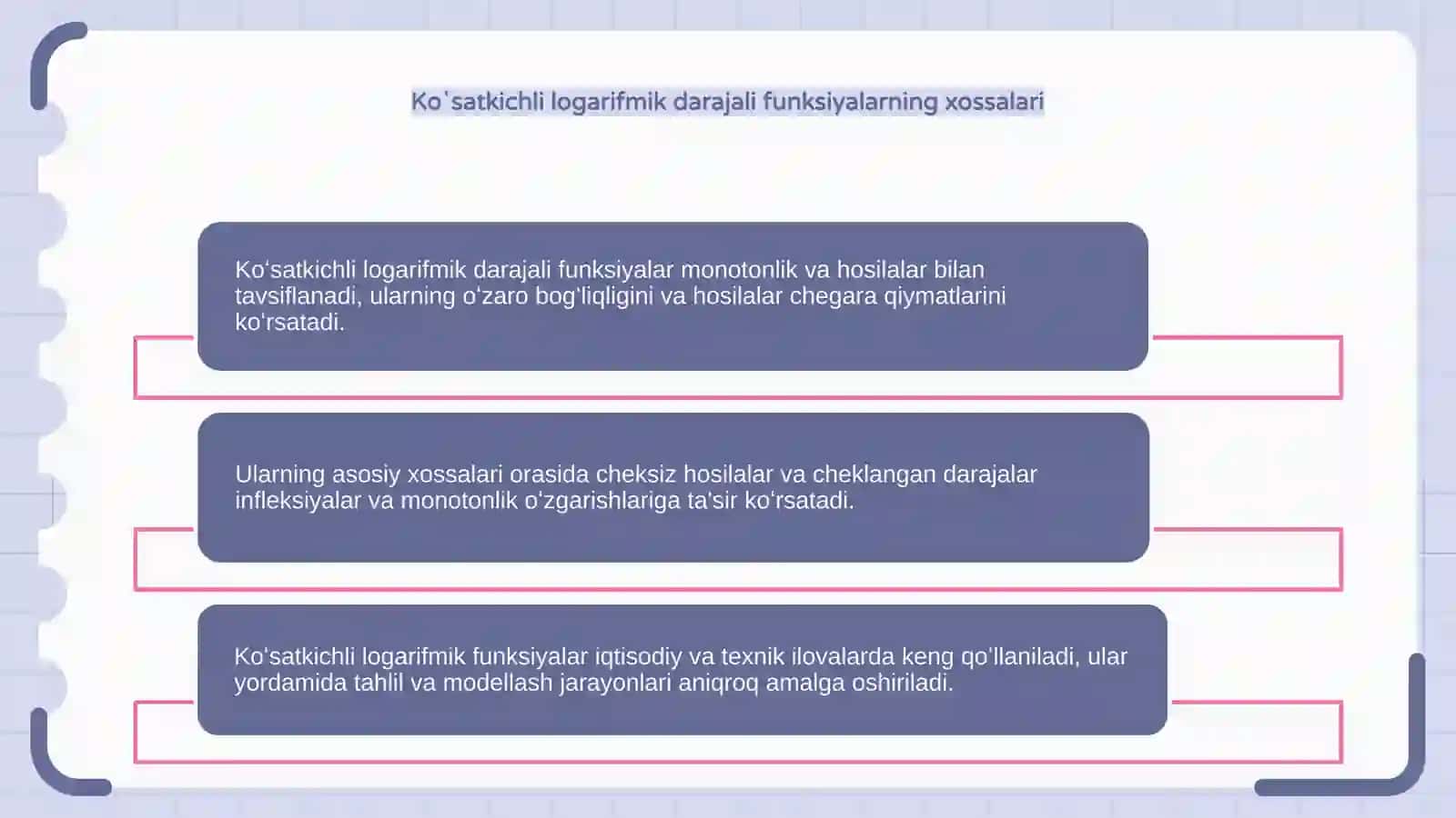 Koʻsatkichli logarifmik darajali funksiyalar va ularning xosalari 4