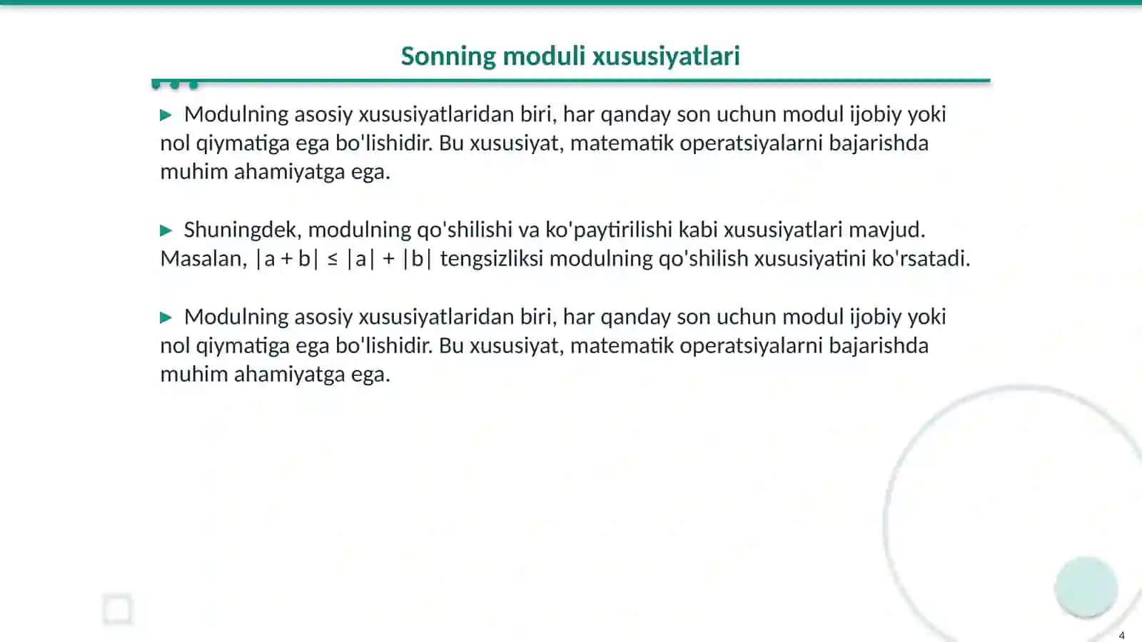 Sonning modulini ishlashga doir misollar yechish 4