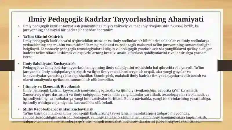 Ilmiy Pedagogik Vailmiy Kadrlar Tayyorlash va Malakasini Oshirish 4