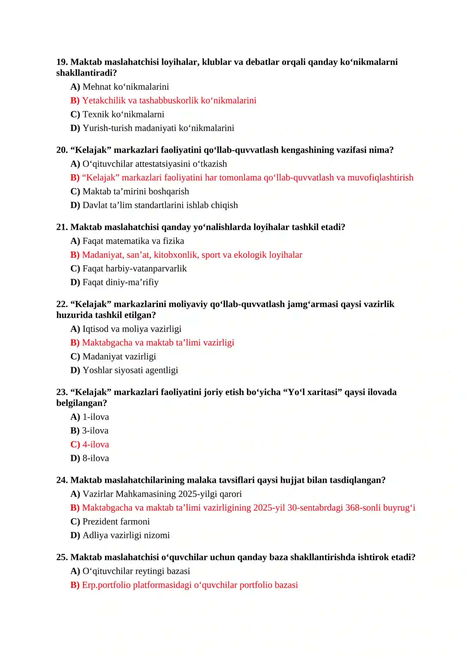 MAKTAB MASLAHATCHISI LAVOZIMI UCHUN TEST SAVOLLARI TO‘PLAMI 4