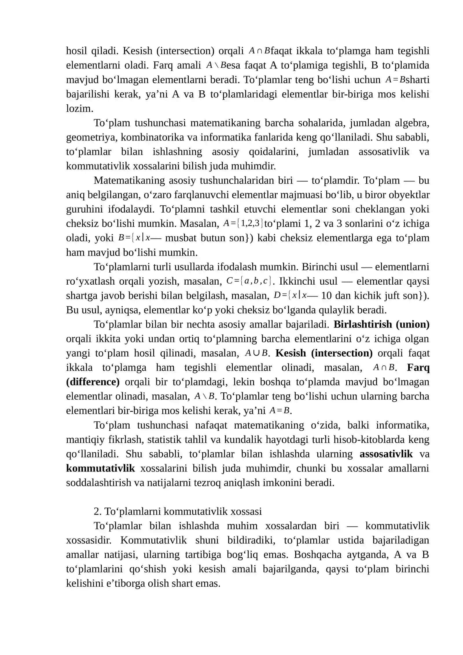 Toʻplamlarni assosativlik va kamutativlik 4