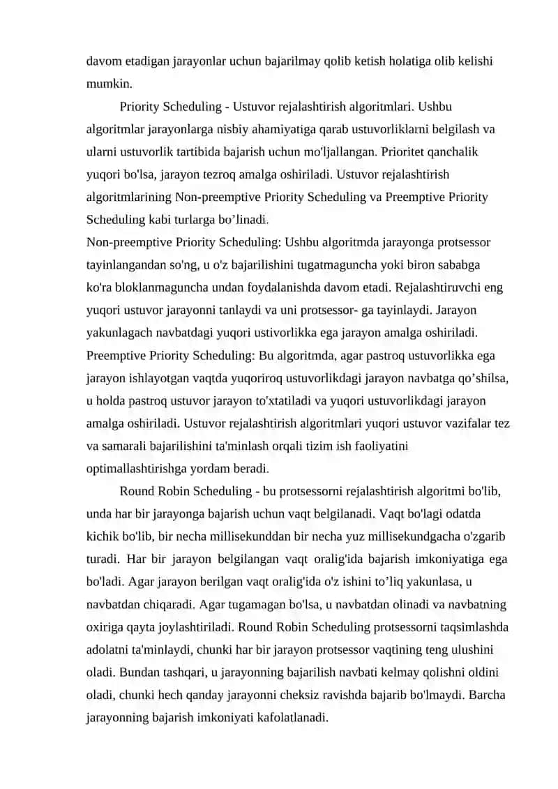 Jarayonlar boshqaruvi va rejalashtirish algoritmlari Operatsion tizimlar fanidan 4