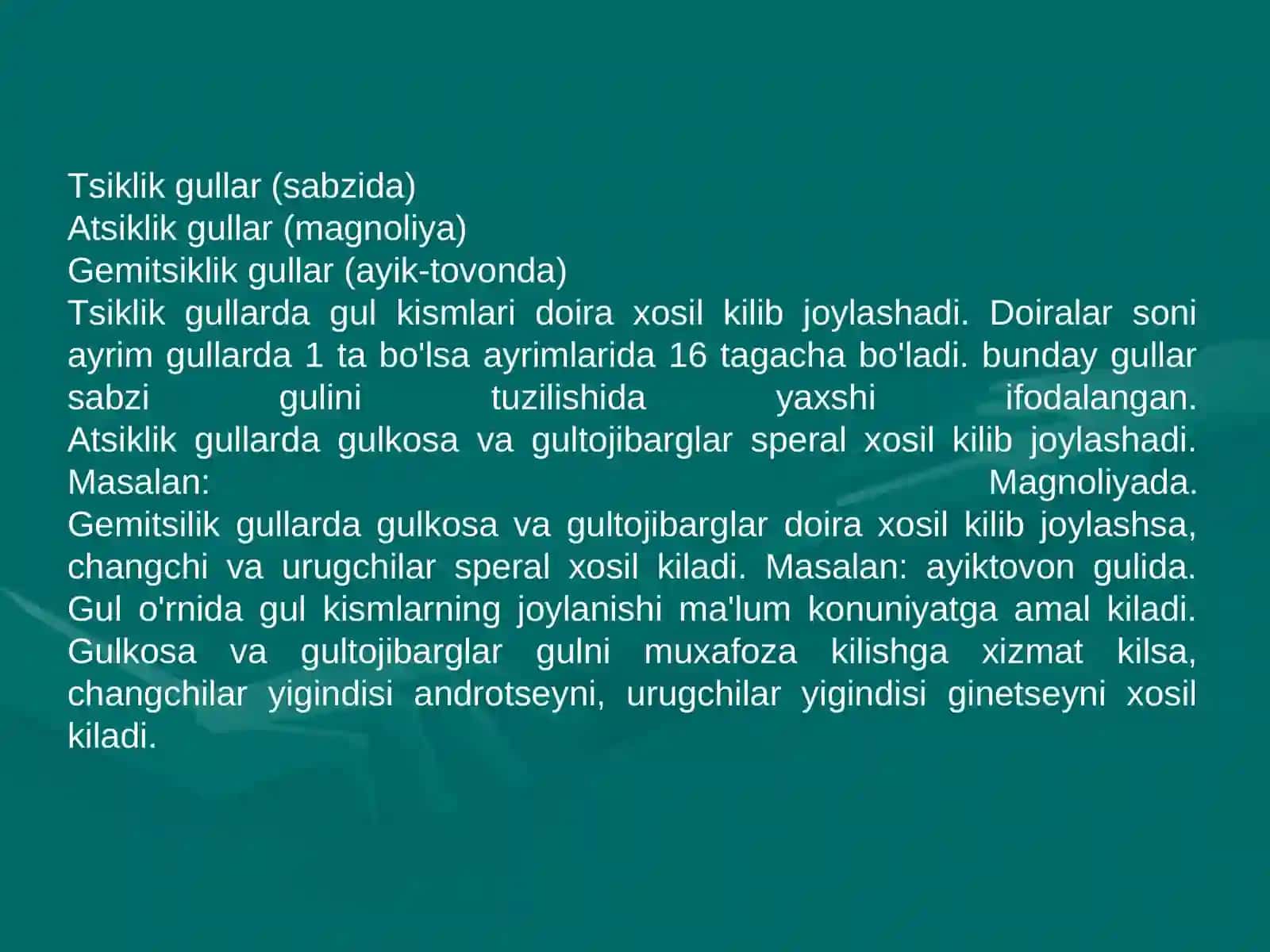 GENERATIV A’ZOLAR. GUL VA TO’PGULLAR 4
