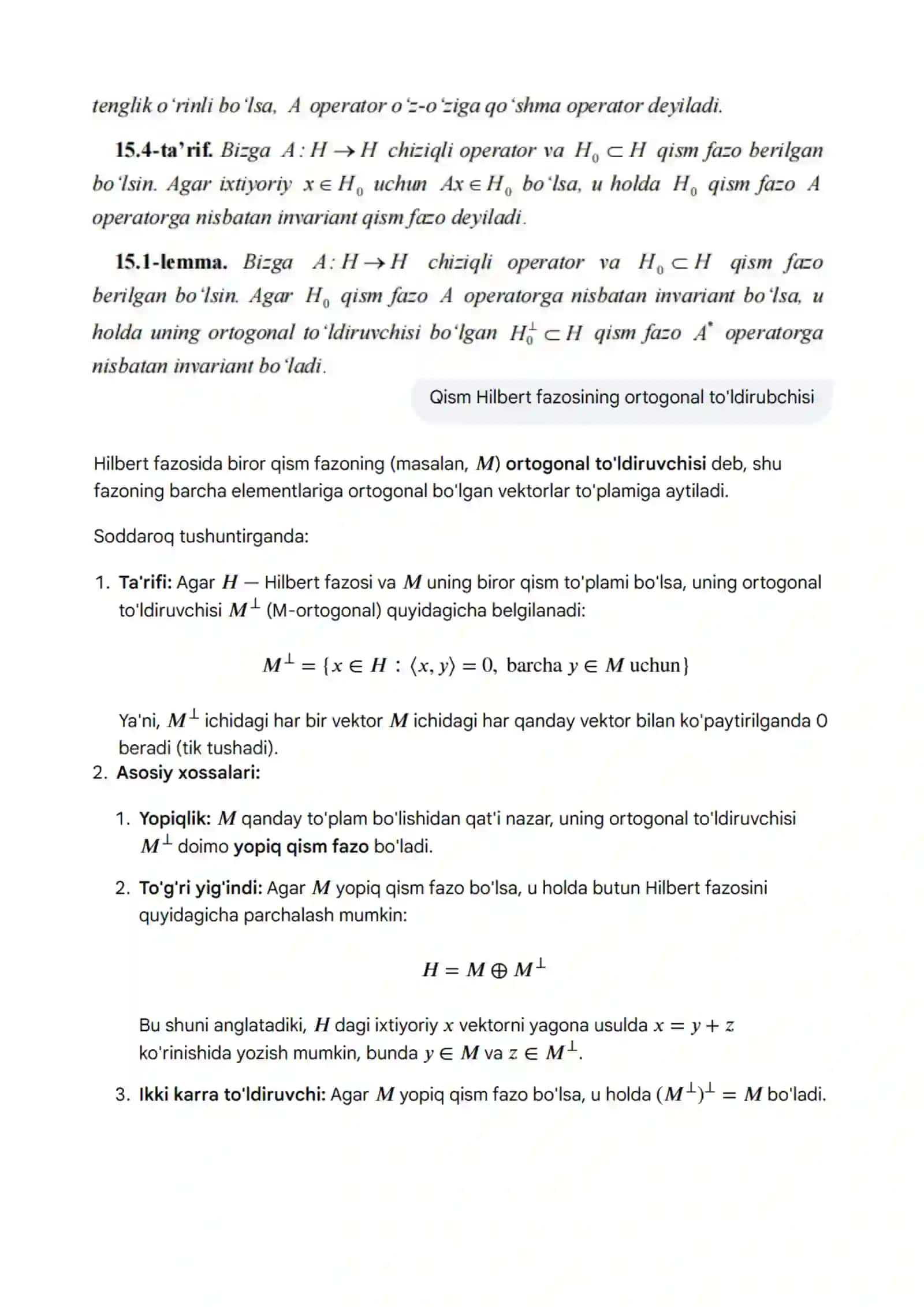Qoʻshma operatorlar. Oʻz-oʻziga qoʻshma operatorlar. Operatorlarning spektri va rezolventasi. 4