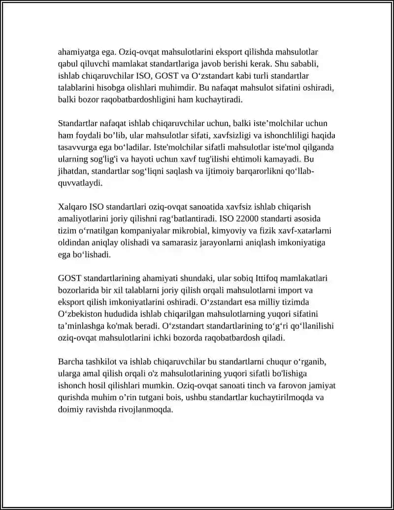 OZIQ-OVQAT SANOATIDA STANDART TALABLARI 4