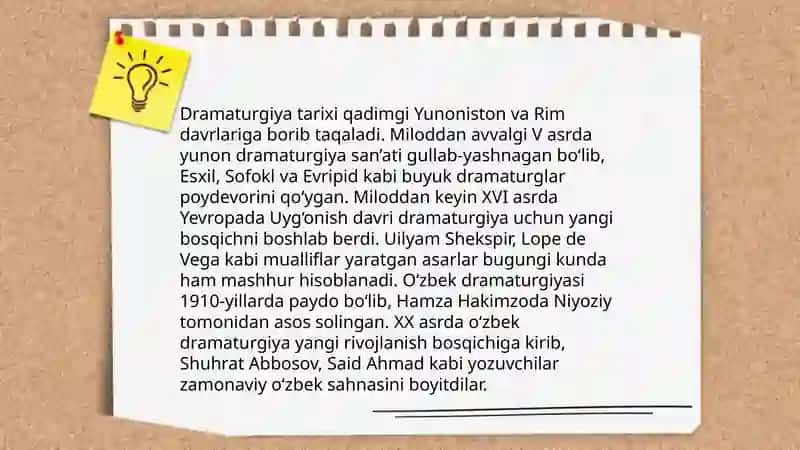 Dramaturgiya va uning janrlari haqida ma'lumot berish 4