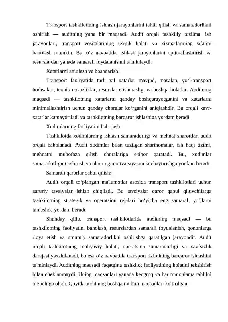 Transport tashkilotlarida auditning maqsadi, vazifalari va axborot manbalar 4