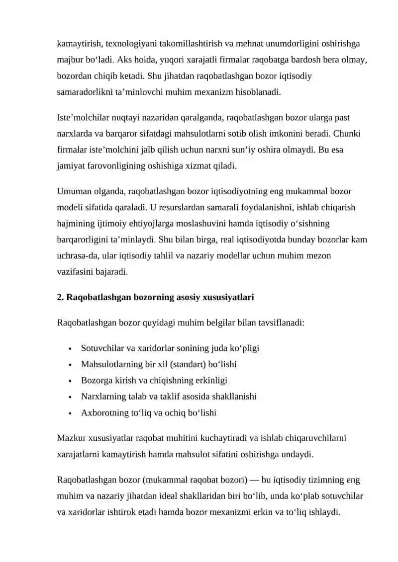 Raqobatlashgan bozorlar va ularning boshqa bozor turlaridan farqi 4