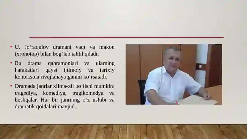 U. Jo'raqulovning " Nazariy poetika: muallif, janr, xronotop" kitobidan " Drama janri" asarini o'qib o'rganish, " Mixail Baxtin kashfiyotlari" asarini o'qib o'rganish. 4