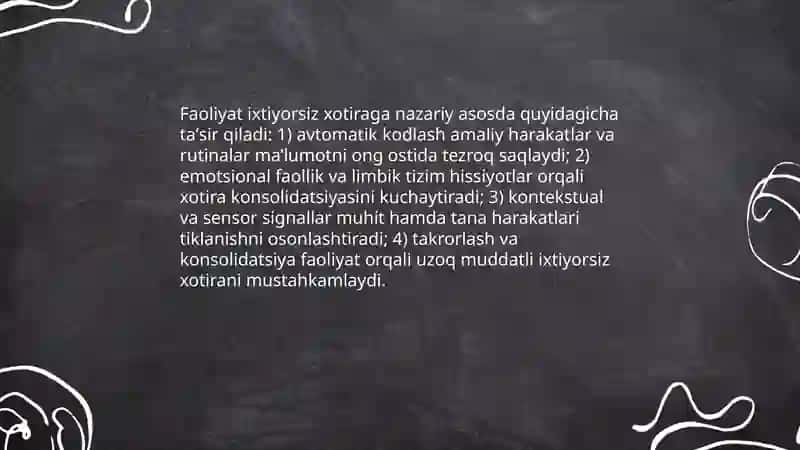 Ixtiyorsiz xotirada faoliyatning o'rni 4