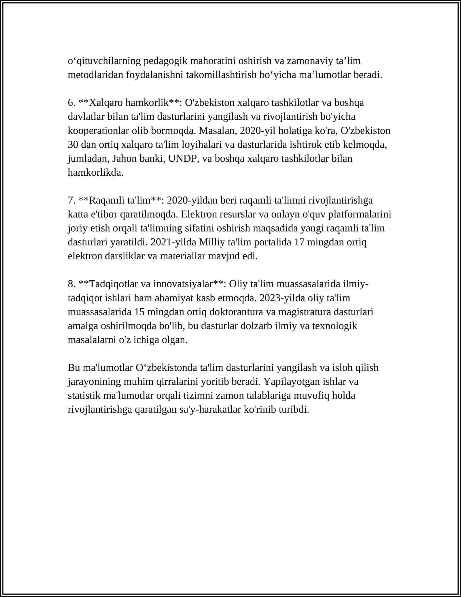 MUSTAQIL ISH Mavzu: ÓZBEKISTONDA TA’LIM ISLOHOTLARI 4