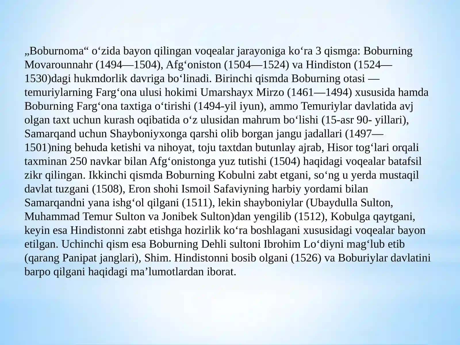 Boburnoma o’zbek adabiyoti tarixidagi ilk me’muar sifatida 4