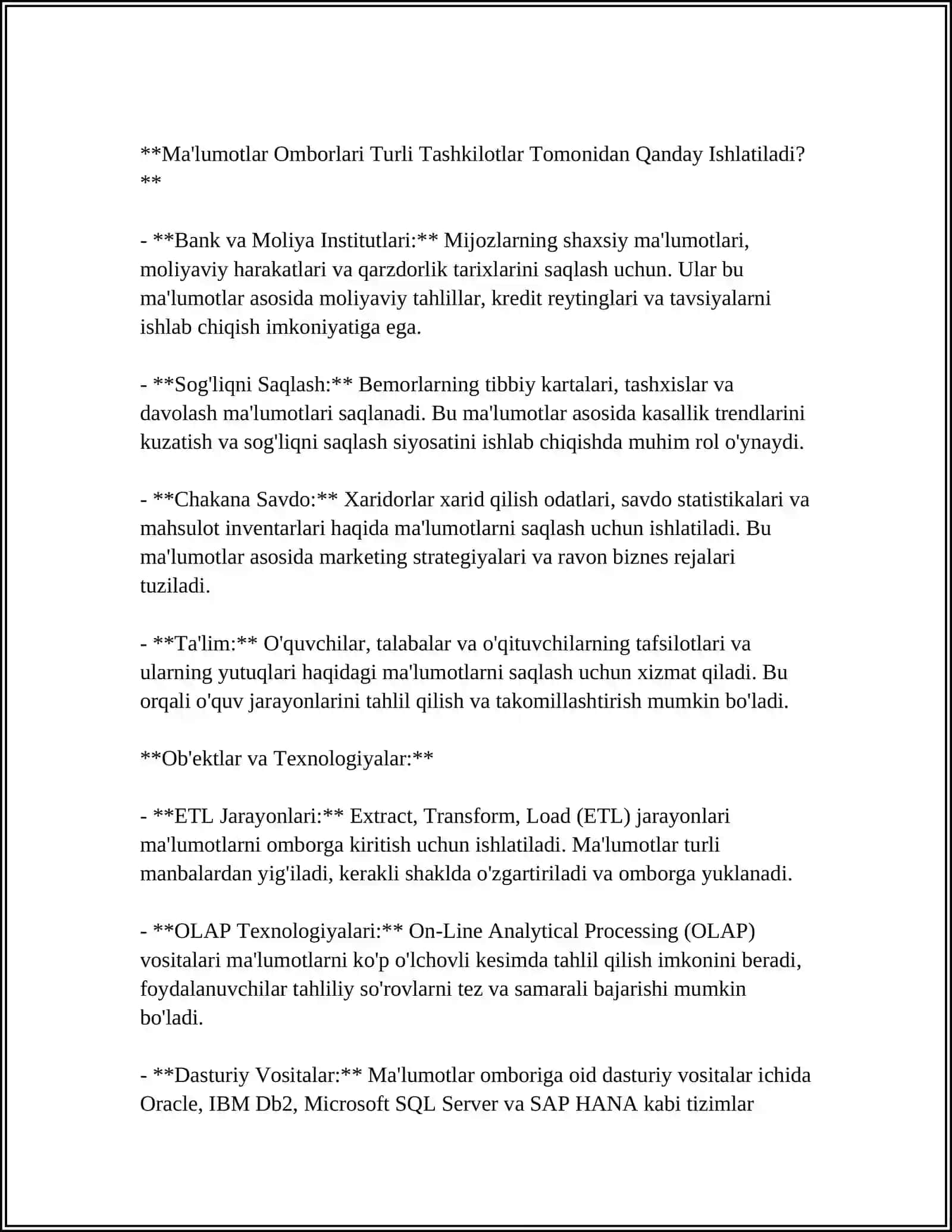 MA'LUMOTLAR OMBORI HAQIDA TUSHUNCHA.MA'LUMOTLAR OMBORINI BOSHQARISH TIZIMLARI 4