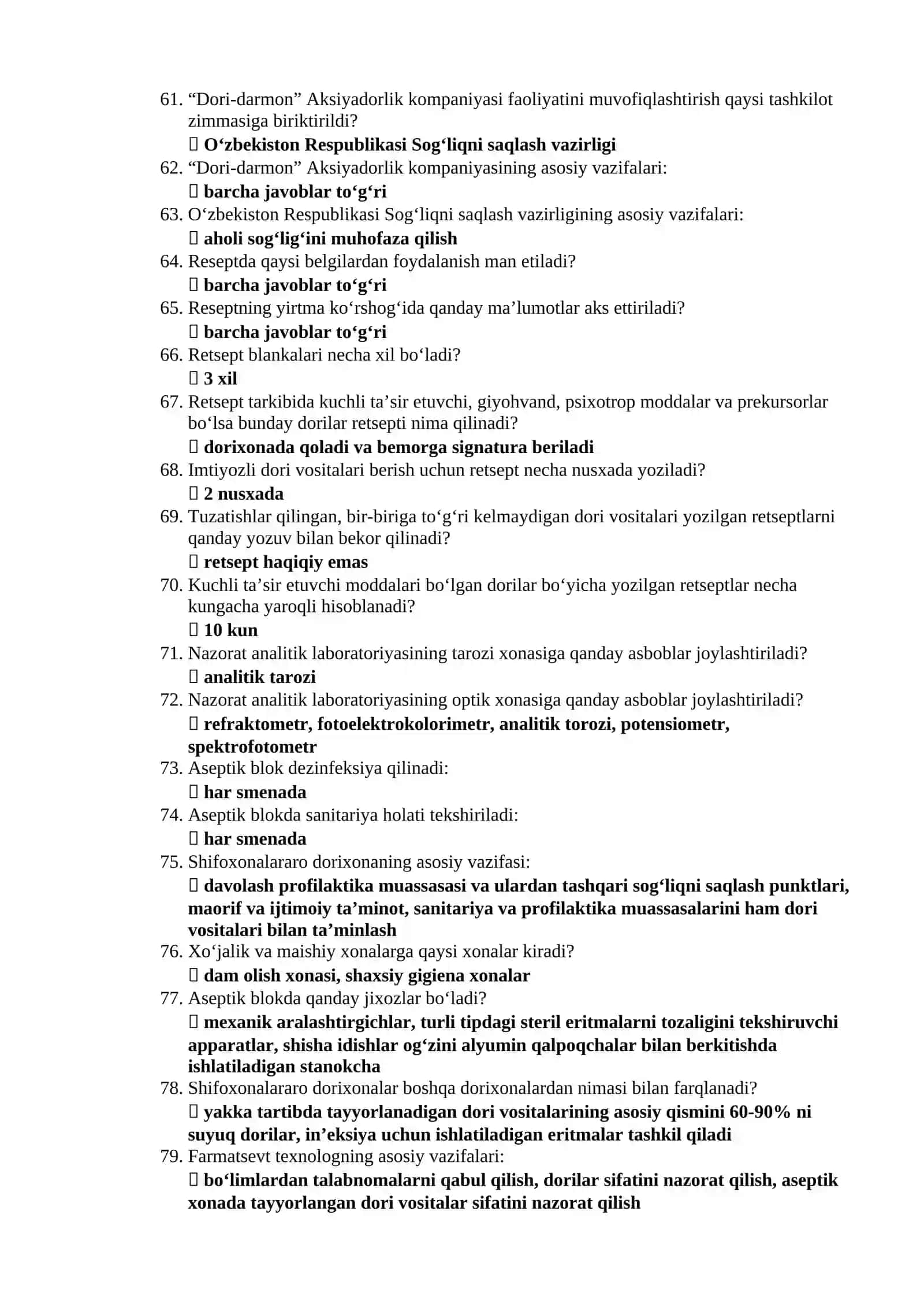 Farmatsiya mutaxassisligi boʻyicha shakllantirilgan test savollari ARGOS 4
