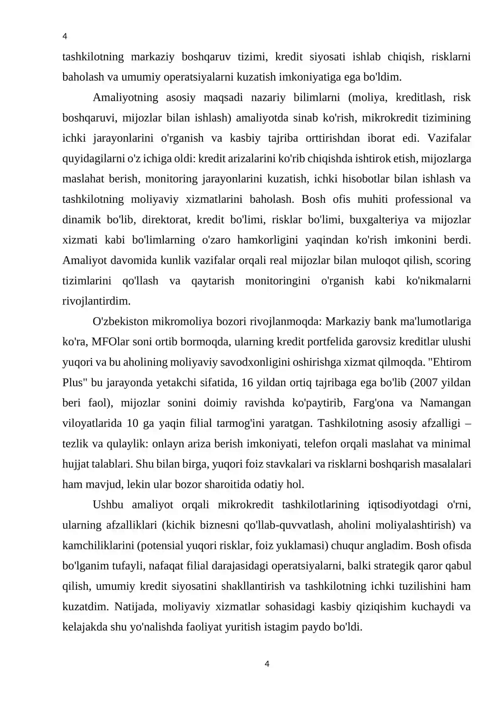 AMALIYOT HISOBOTI. "EKHTIROM PLUS MICROCREDIT TASHKILOTI" 4