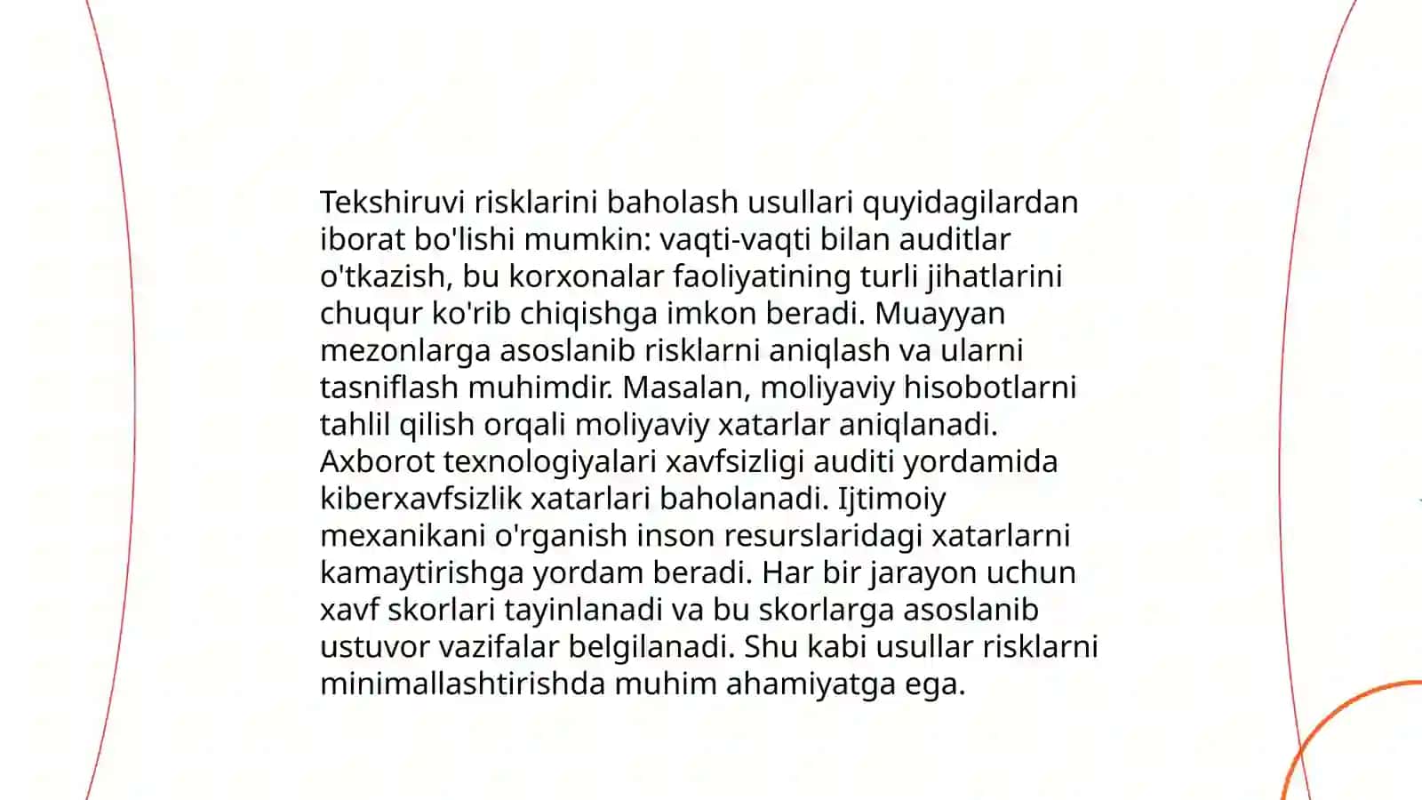 Auditorlik tekshiruvi risklarini baholash,tekshiruv natijalarini tahlil qilish va hisobot tayyorlash tartibi 4