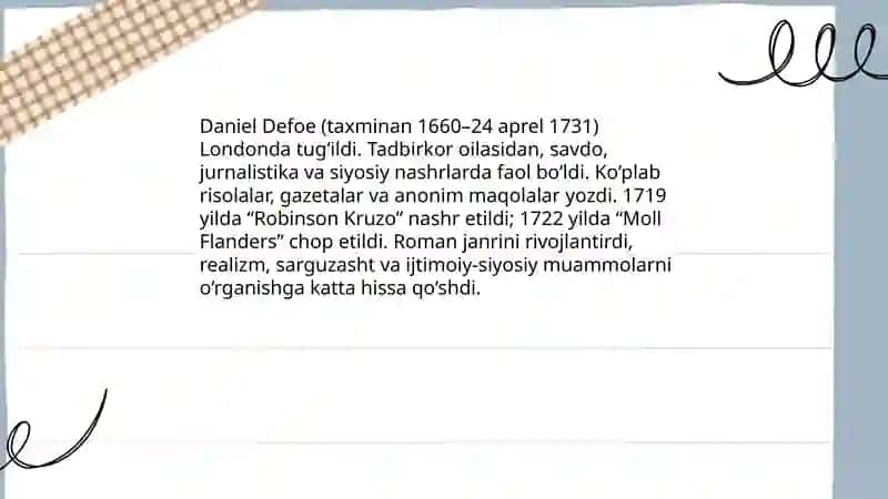Ingiliz marifatchilik adabiyoti. D.Defo "Robinzon Kruzo 4