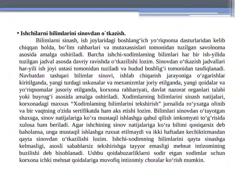 Mehnat muhofazasi bo'yicha xodimlarning bilimlarini tekshirish 4
