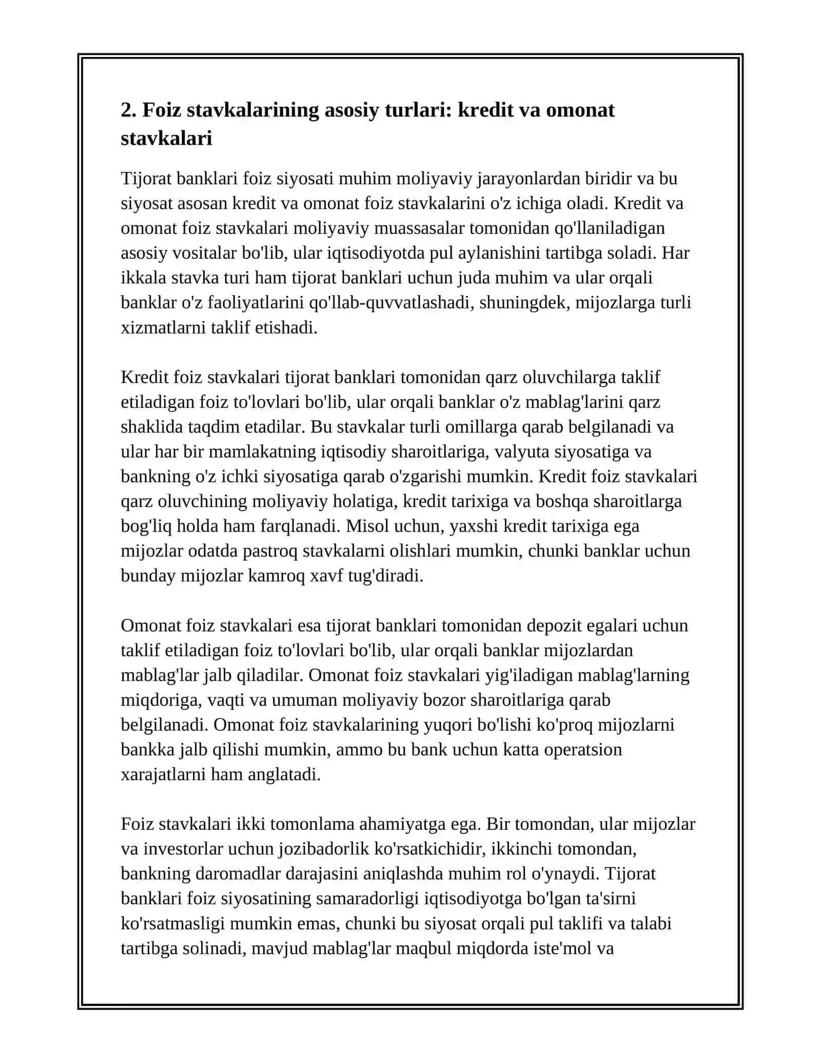 TIJORAT BANKLARI FOIZ SIYOSATI HAQIDA TUSHUNCHA FOIZ STAVKALRINI TURLARI 4