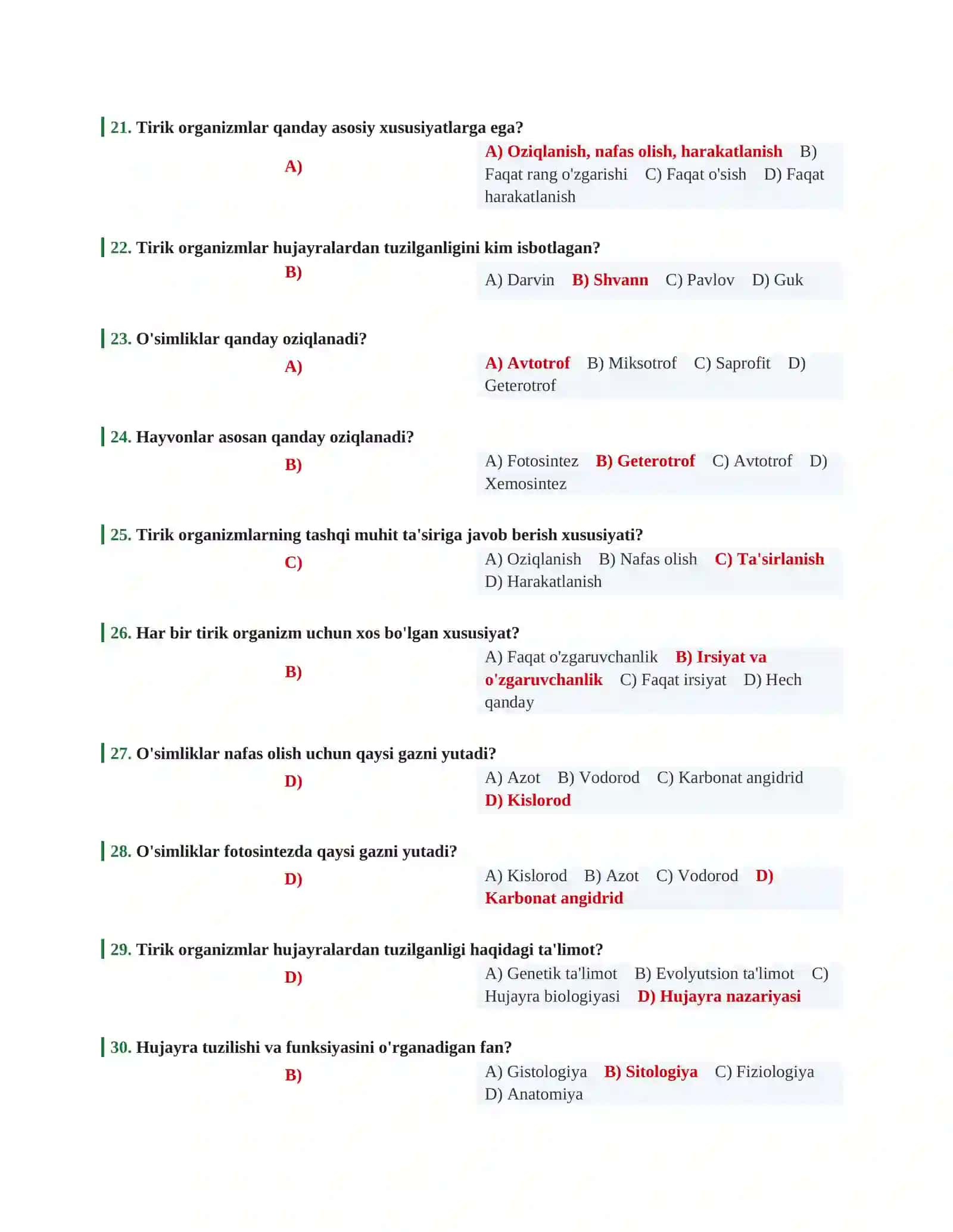 BIOLOGIYA FANIDAN TESTLAR TO'PLAMI 4