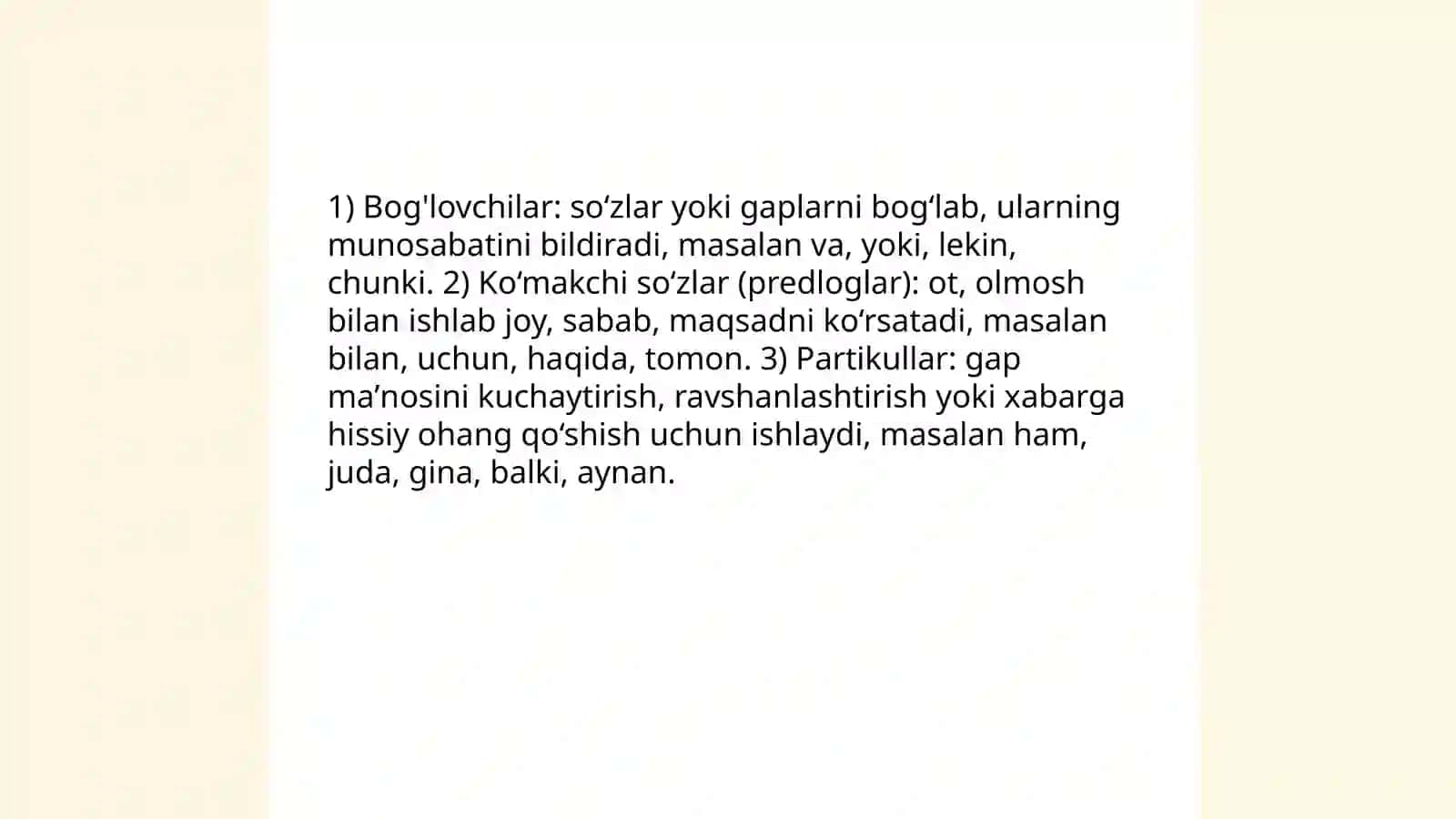 Yordamchi so'zlar ta'rifi va ularning turlari 4