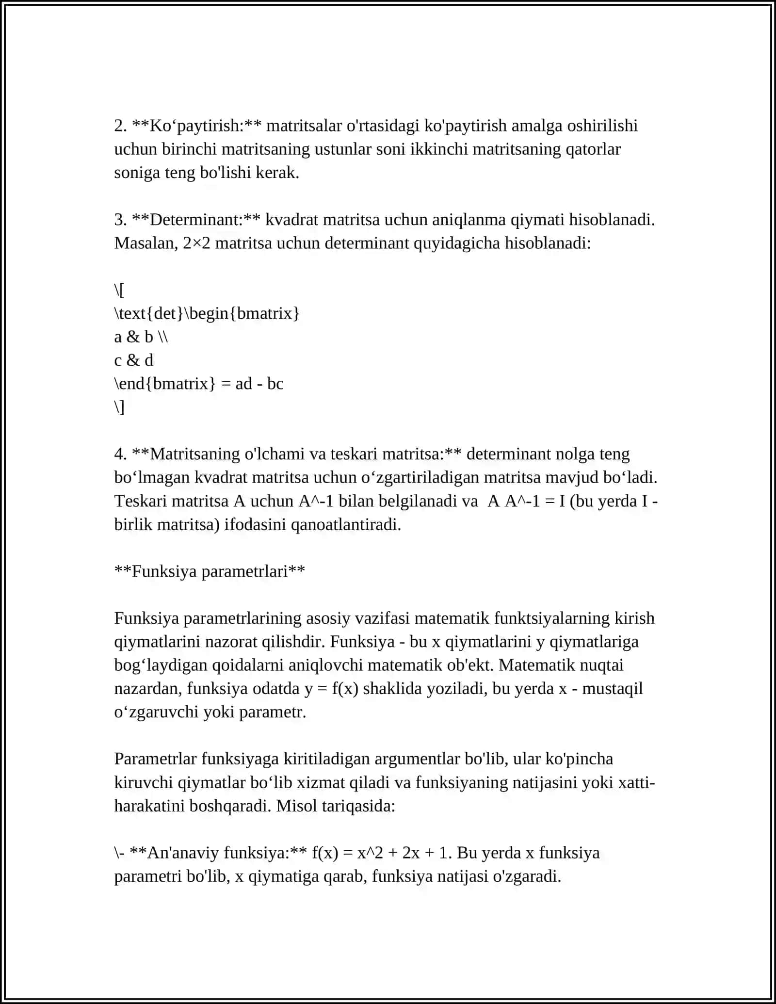 MATRITSALARNI FUNKSIYA PARAMETRLARI SIFATIDA QO`LLANILISHI 4