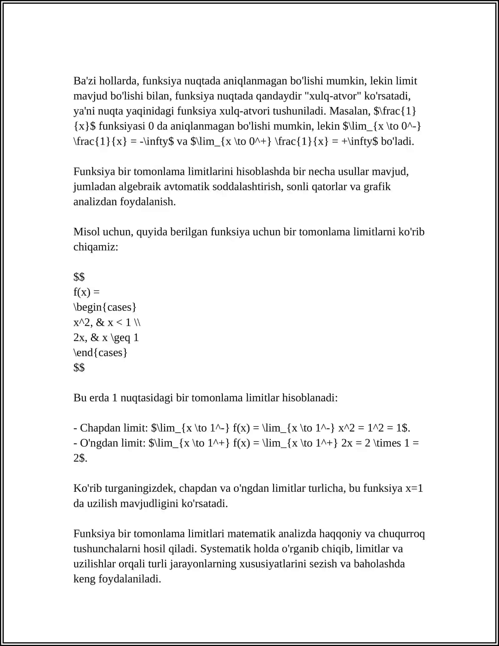 FUNKSIYA UZLUKSIZLIGINI ANIQLASHDA BIR TOMONLAMA LIMITLAR 4