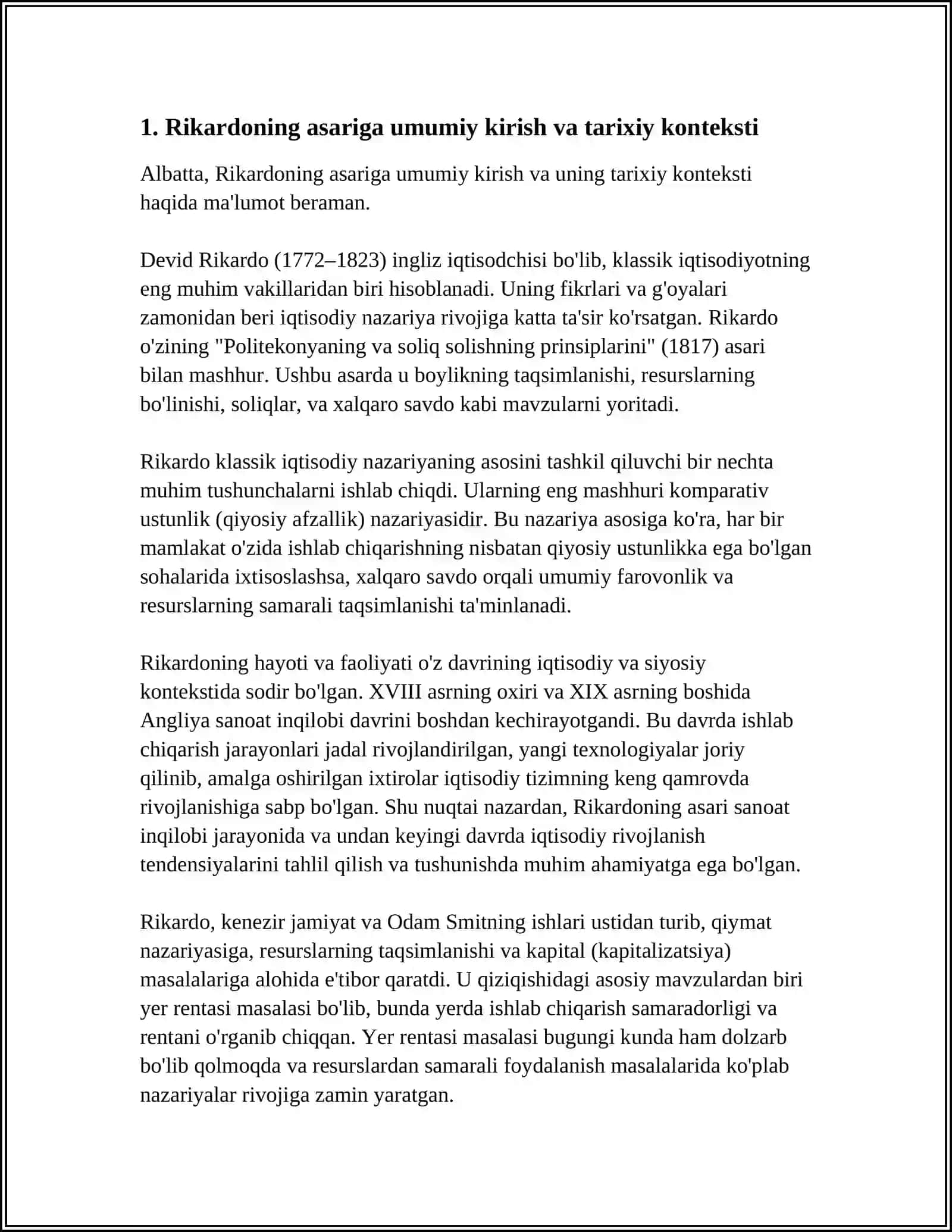 Rikardoning,, Siyosiy Iqtisod va Solliq Solishning Boshlanishi'' asaridagi asosiy iqtisodiy g'oyalar 4