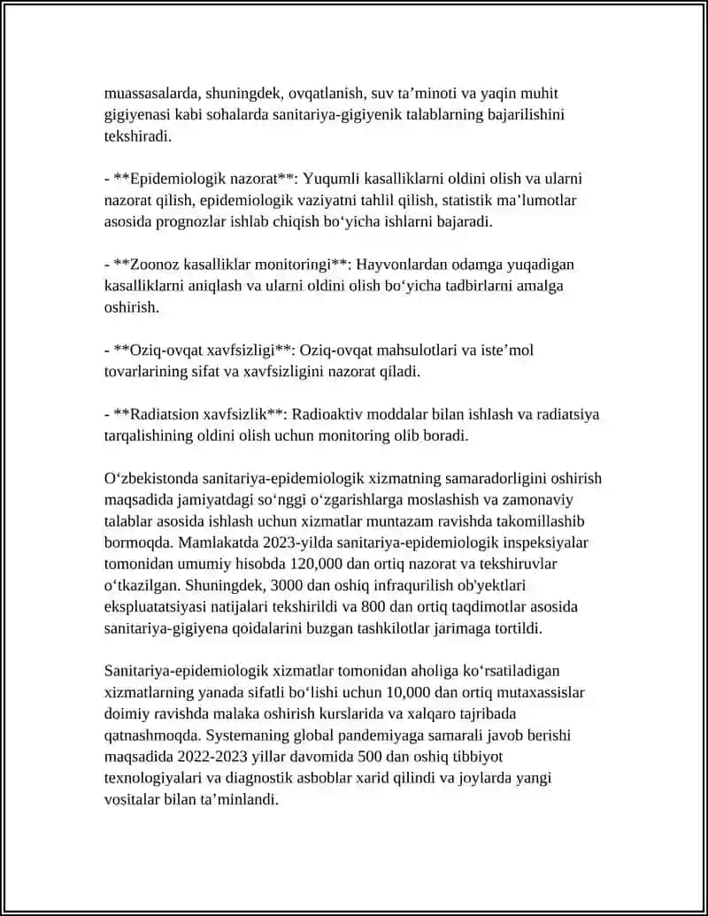 REFERAT: SANITARIYA EPIDEMIOLOGIYA XIZMATINI UYUSHTIRISH SANITARIYA GIGIYENA BOʻLIMI 4