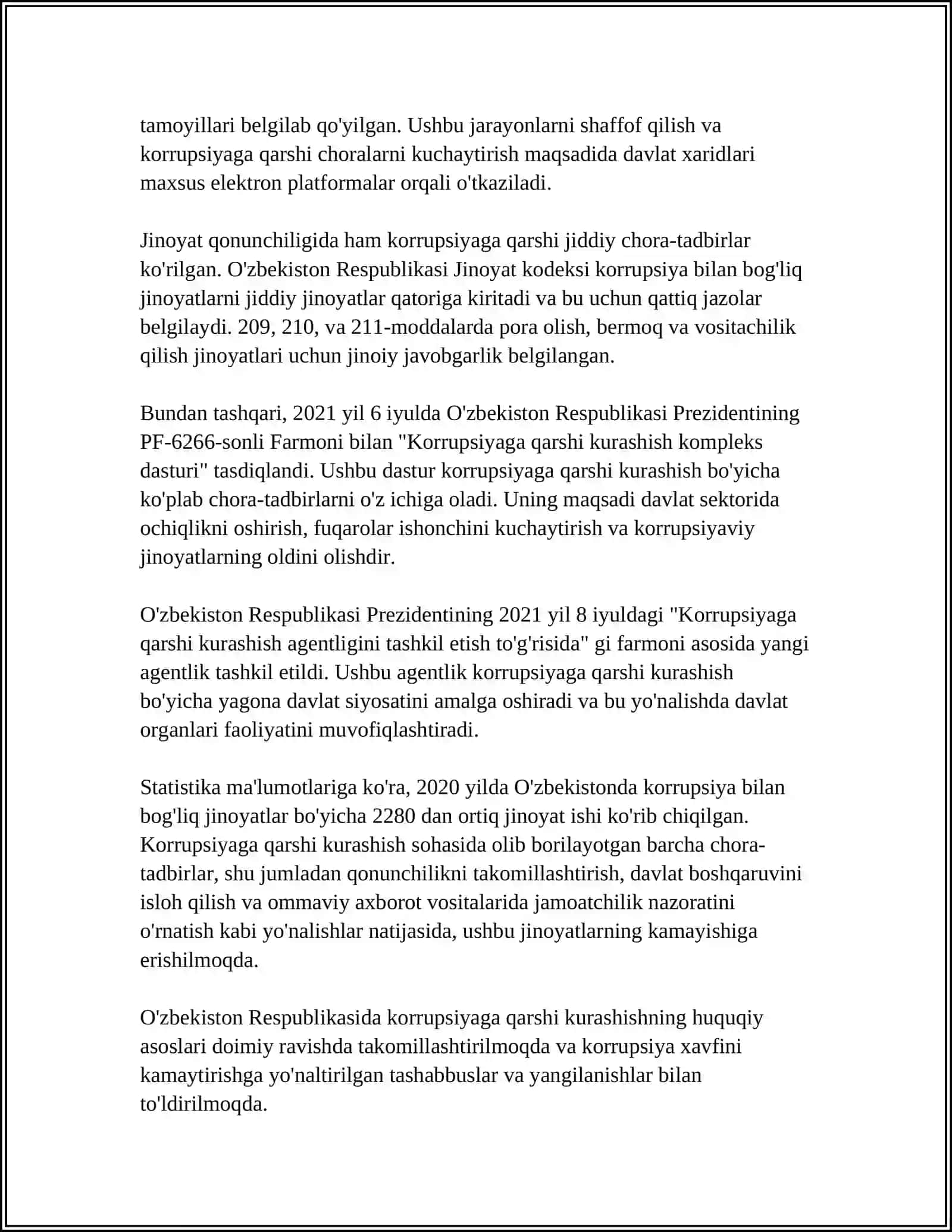 O’ZBEKISTON RESPUBLIKASIDA KORRUPSIYAGA QARSHI KURASHISH SOXASIDAGI QONUN XUJJATLARI 4