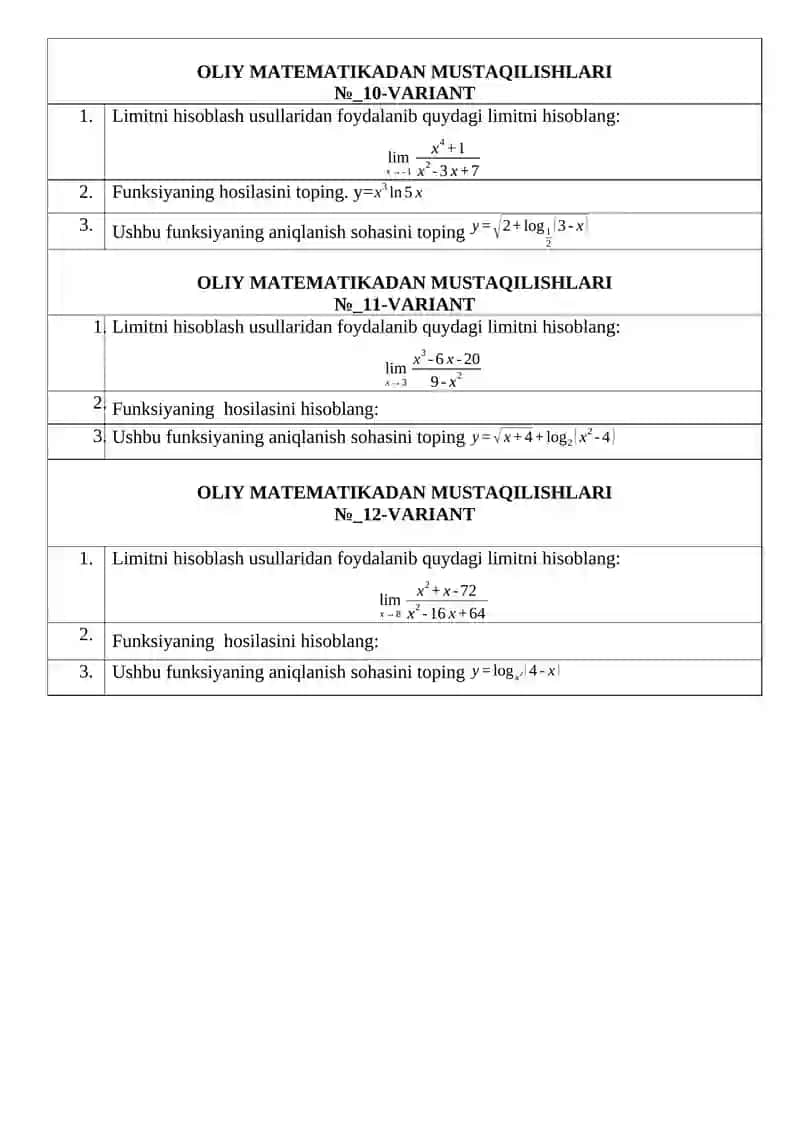 OLIY MATEMATIKADAN MUSTAQIL ISHLARI 4